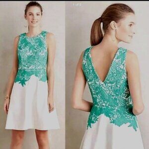 Anthropologie Moulinette Soeurs Teal White Arbor Lace Fit and Flare Dress Size 4